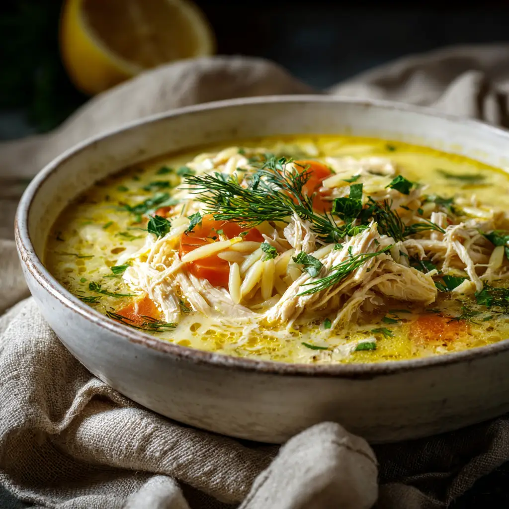 A rustic table setting with a bowl of homemade Greek Lemon Chicken Soup, garnished with fresh parsley and black pepper, ready to be served.