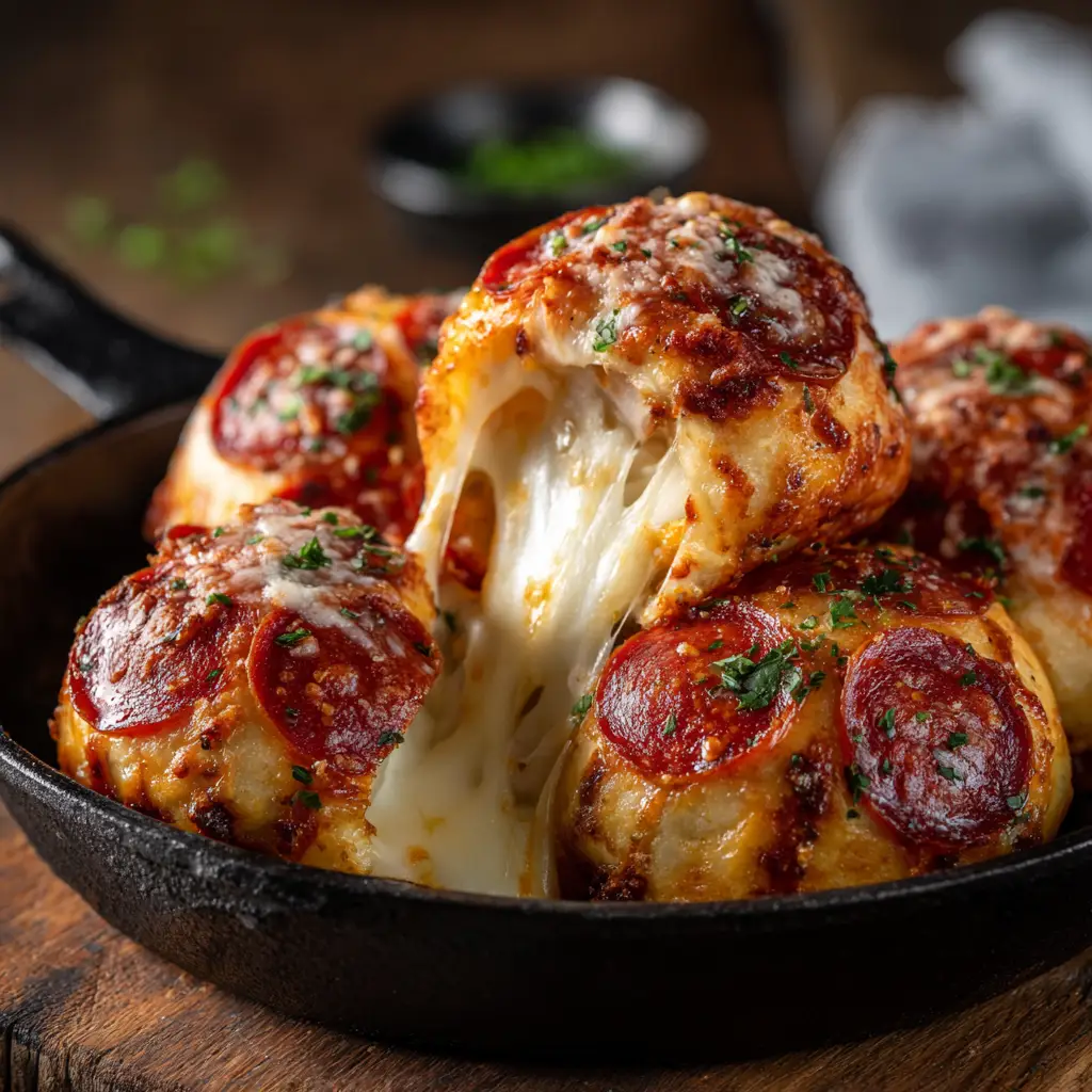 A heaping pile of homemade pepperoni pizza bombs on a wooden board, ready to be served as a delicious appetizer.