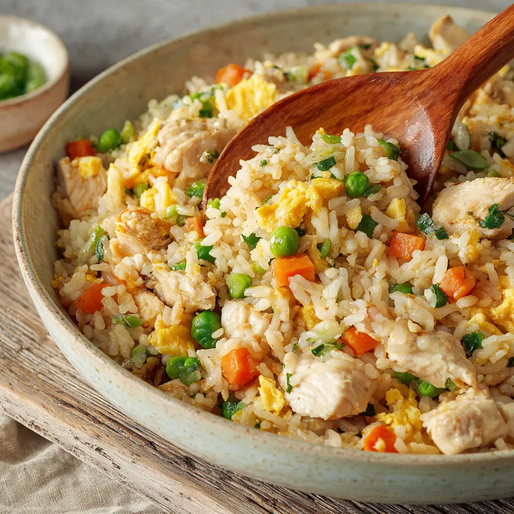 The Best Gluten-Free Chicken Fried Rice 1 A portion of beautiful chicken fried rice being scooped out with a simple wooden spoon, softly illuminated by natural kitchen lighting.