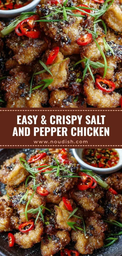 Ultimate Salt and Pepper Crispy Chicken Recipe 3 A hearty pile of golden-brown Salt and Pepper Crispy Chicken garnished with red chili peppers, scallions, and chopped garlic, served with sweet chili sauce.