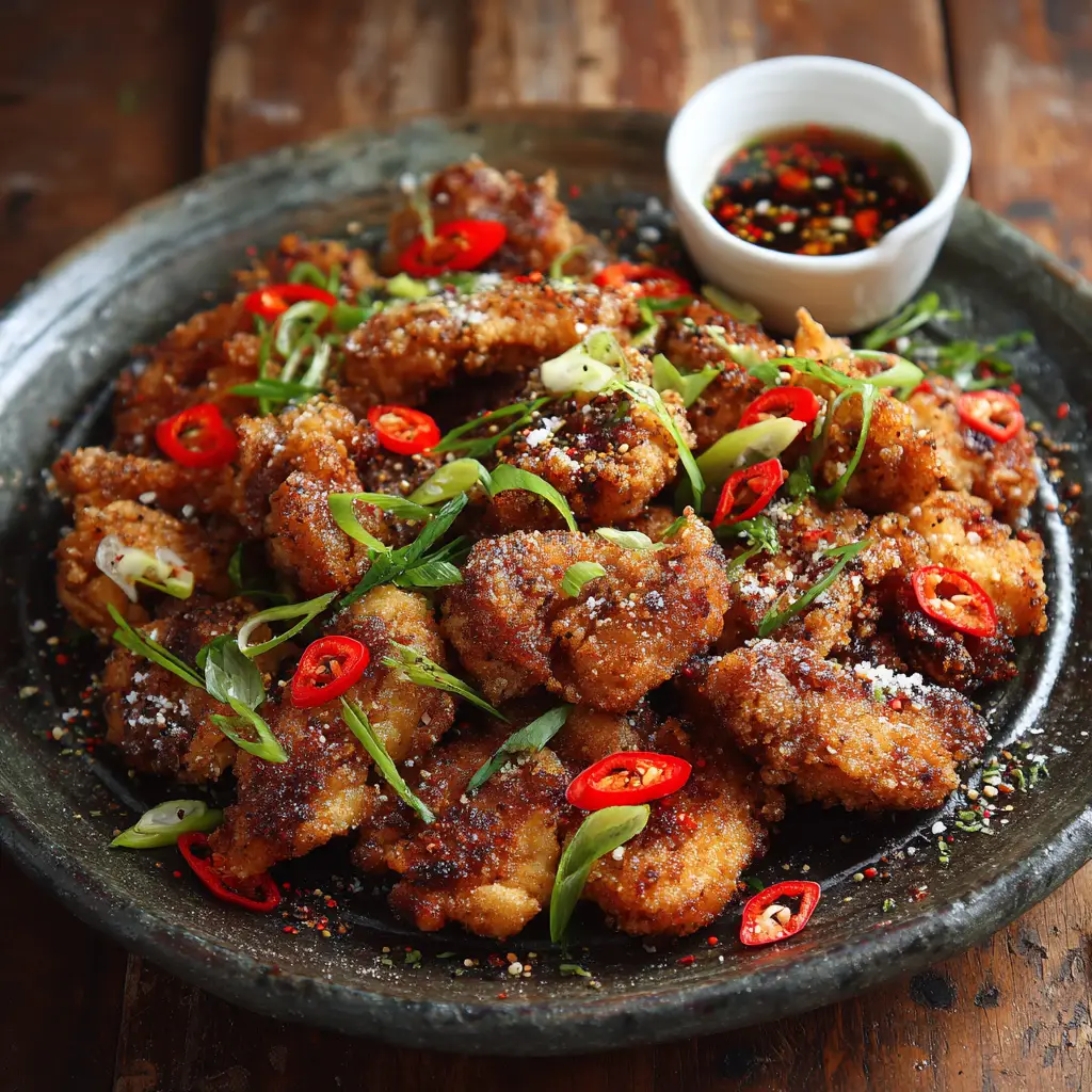 Raw ingredients for Salt and Pepper Crispy Chicken including chicken thighs, coarse sea salt, black pepper, and scallions on a dark tabletop.