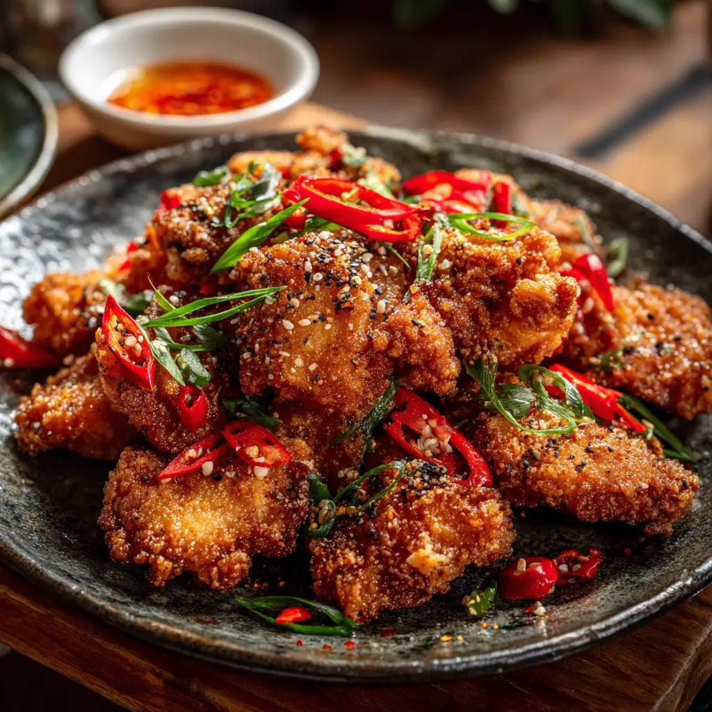 Ultimate Salt and Pepper Crispy Chicken Recipe 1 Close-up macro shot showing the visible crunchy texture of frying chicken pieces before tossing in aromatics.