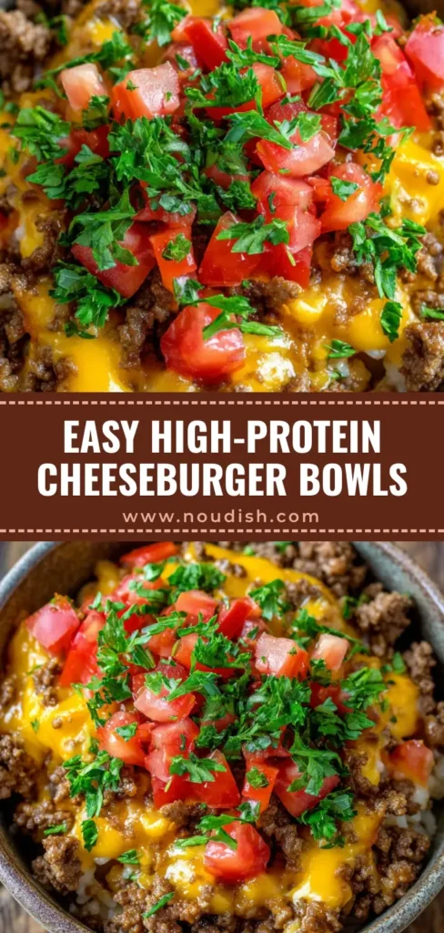 High-Protein Cheeseburger Bowls: The Ultimate Quick Keto Dinner 3 A rustic bowl of High-Protein Cheeseburger Bowls topped with melted cheddar cheese and chopped tomatoes.