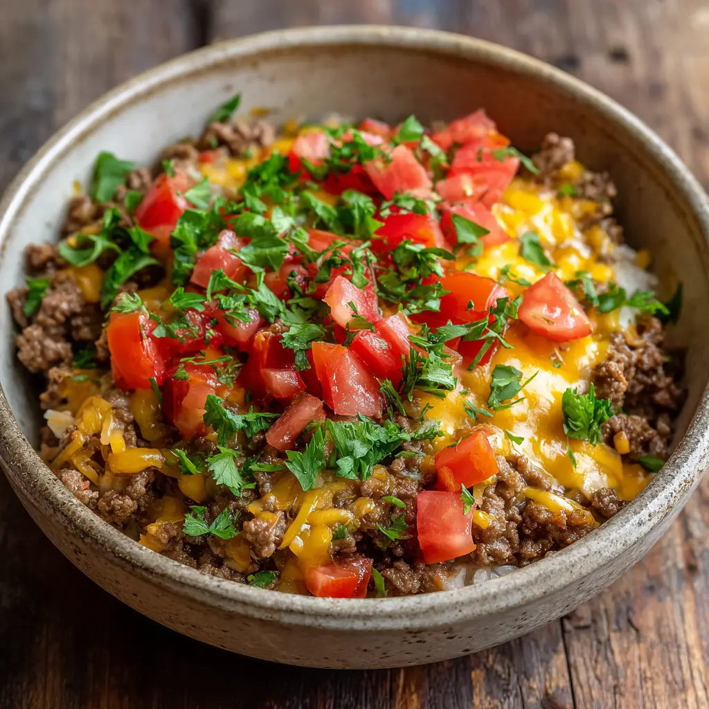Top-down view of High-Protein Cheeseburger Bowls with seasoned ground beef and melted cheddar in a rustic ceramic bowl.