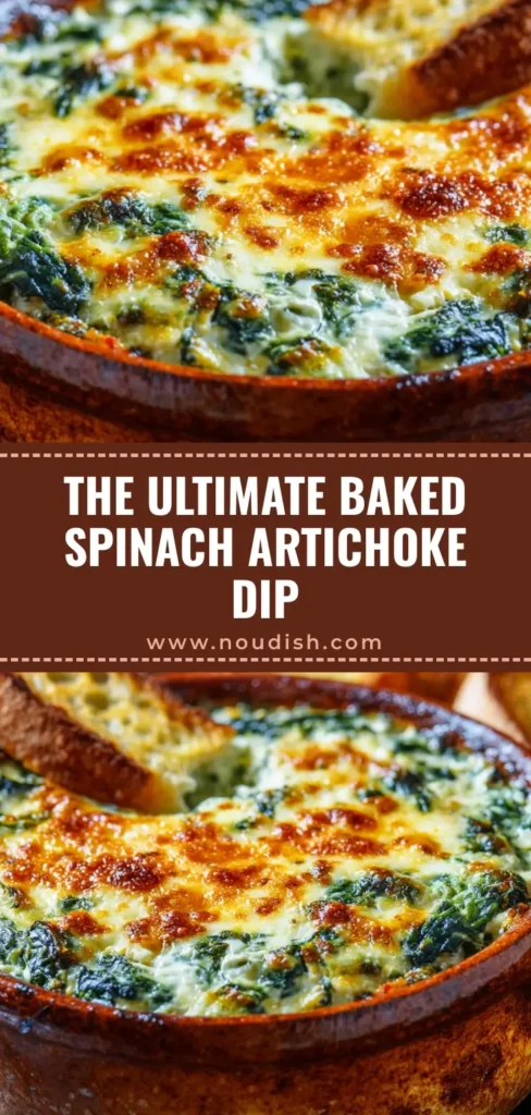 A rustic ceramic bowl filled with freshly baked spinach artichoke dip, featuring a golden-brown bubbly cheese crust.