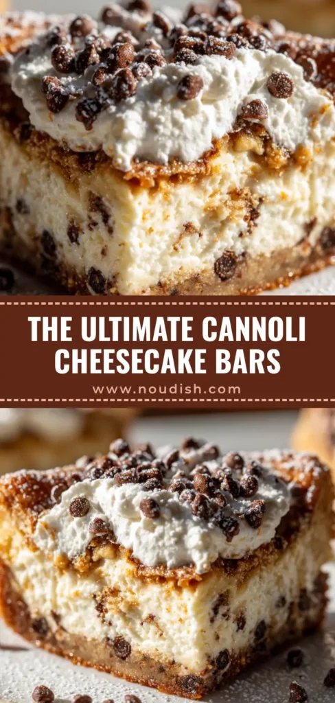 The Ultimate Cannoli Cheesecake Bars Recipe 3 A close-up macro shot of authentic Cannoli Cheesecake Bars featuring a thick crust, creamy ricotta filling with chocolate chips, and fluffy whipped cream, resting on a white ceramic plate.