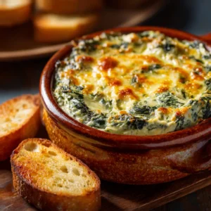 Close-up macro shot of rich, creamy baked spinach artichoke dip with specks of green spinach inside a hearty bowl.