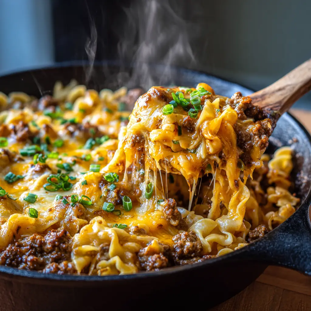 A rustic and hearty cheesy ground beef and pasta casserole presented in a dark, heavy cast-iron skillet, showing thick melted cheeses.