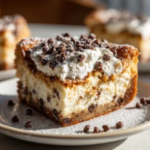 A dense and creamy ricotta filling packed with mini chocolate chips poured over a golden-brown graham cracker crust.