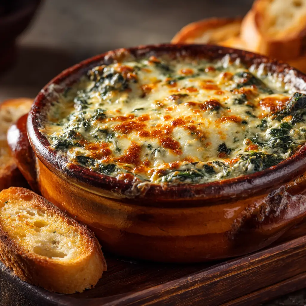 A single piece of toasted crostini placed beside a rustic ceramic bowl filled with baked spinach artichoke dip under bright kitchen lighting.