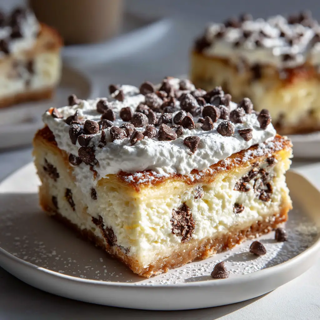 The Ultimate Cannoli Cheesecake Bars Recipe 1 A beautifully sliced Cannoli Cheesecake Bar generously sprinkled with mini chocolate chips and a delicate dusting of powdered sugar.