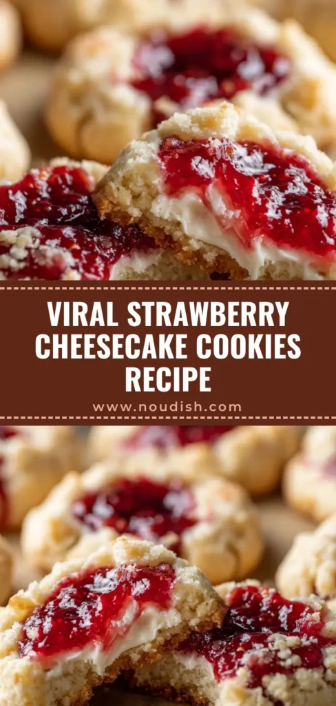 A rustic strawberry cheesecake cookie broken in half revealing a gooey cream cheese and strawberry jam center on light brown parchment paper.