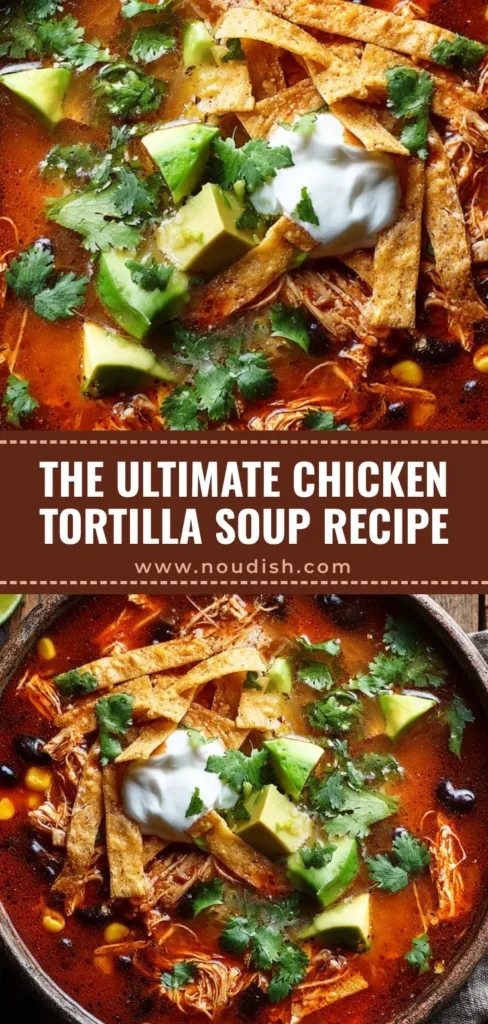 A rustic stoneware bowl filled with rich, red-orange chicken tortilla soup, generously topped with crispy fried tortilla strips, diced avocado, cilantro, sour cream, and a lime wedge.