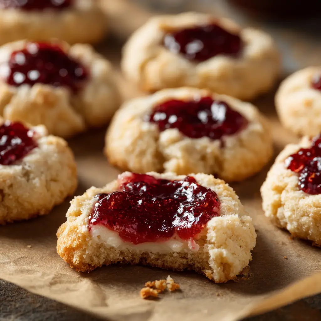 Close-up macro shot of rustic strawberry cheesecake thumbprint cookies on natural kitchen counter lighting.