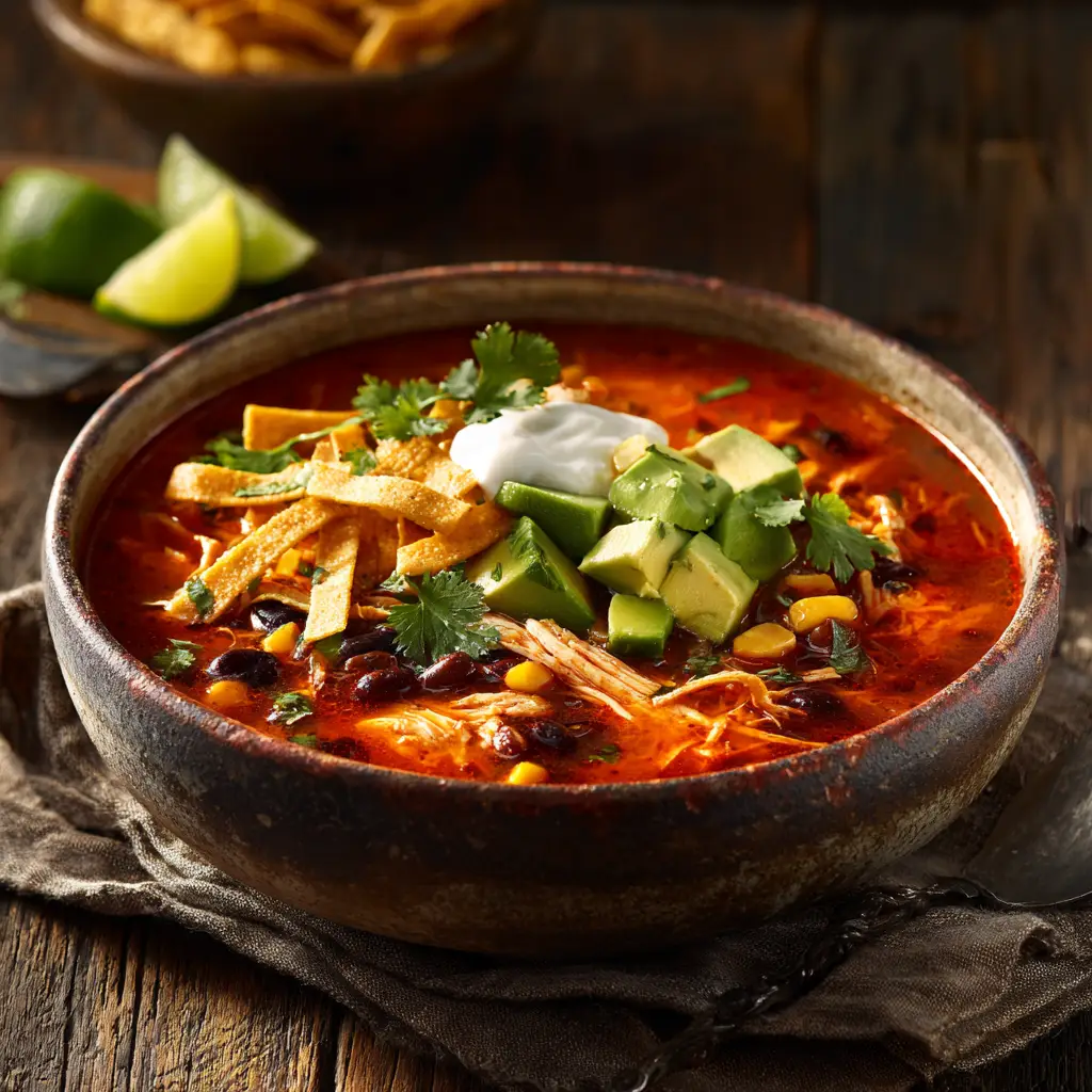 Close-up macro shot of tender shredded chicken, black beans, and sweet corn simmering in a robust red-orange broth.