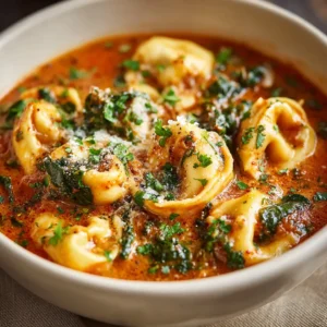Macro view of creamy tortellini soup showing wilted spinach and cheese-filled tortellini in a rich tomato base.