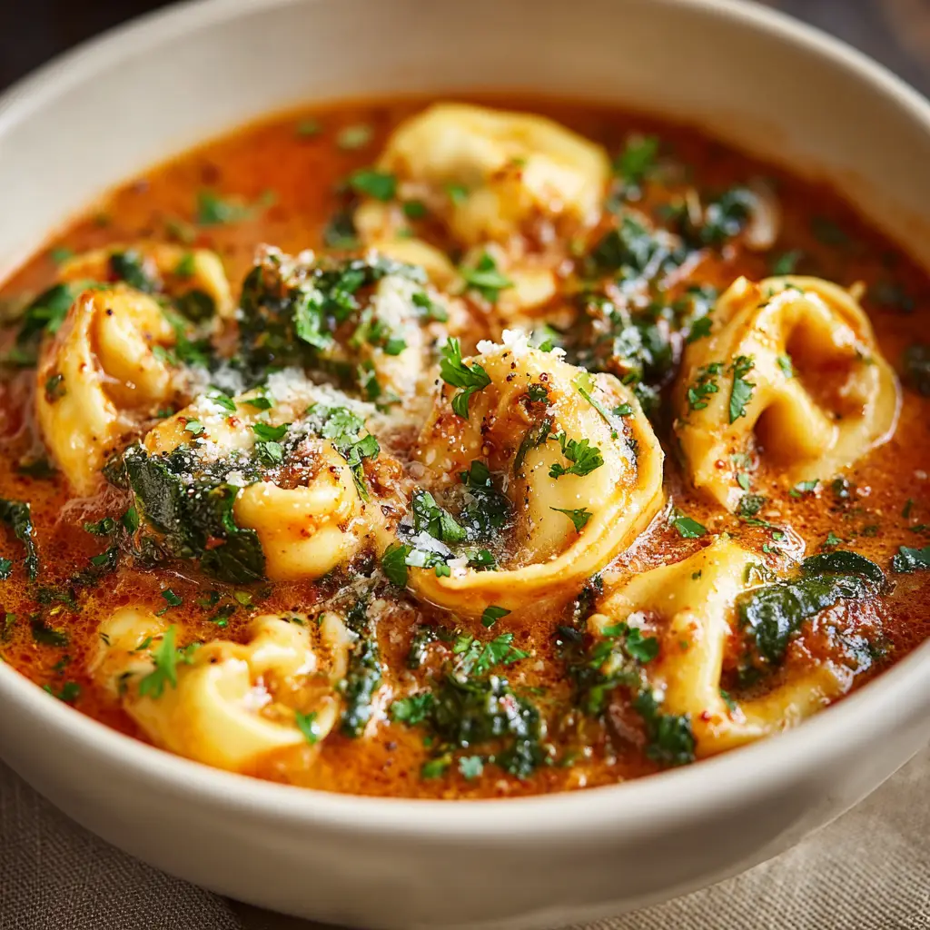Macro view of creamy tortellini soup showing wilted spinach and cheese-filled tortellini in a rich tomato base.