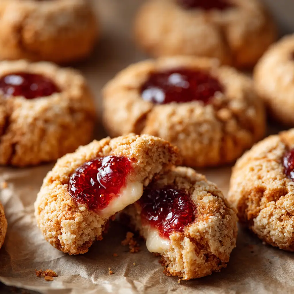 A batch of strawberry cheesecake cookies scattered on a piece of light brown parchment paper, shallow depth of field.
