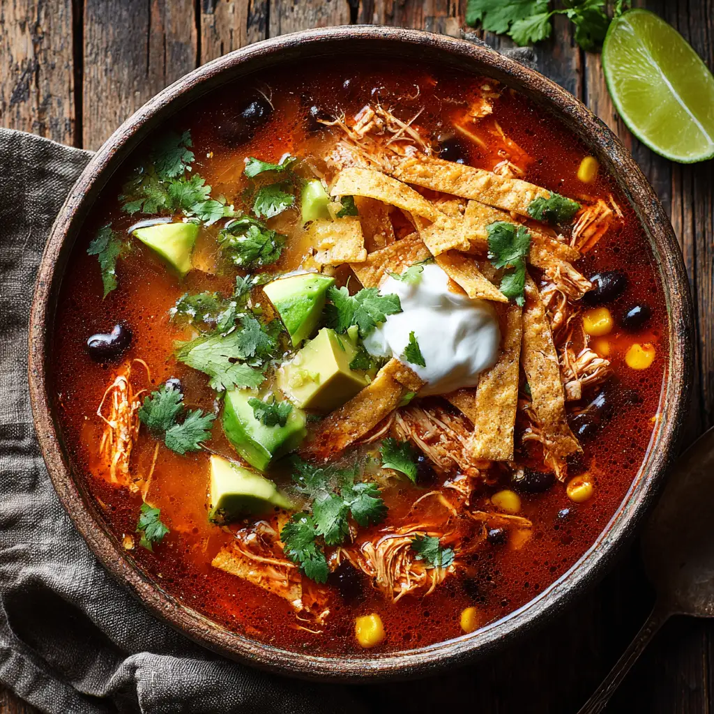Beautifully styled authentic chicken tortilla soup on a worn wooden table, illuminated by bright natural kitchen lighting.