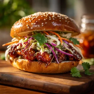 Fresh ingredients for a spicy Korean BBQ chicken sandwich including chicken thighs, gochujang, shredded cabbage, carrots, cilantro, and sesame brioche buns.