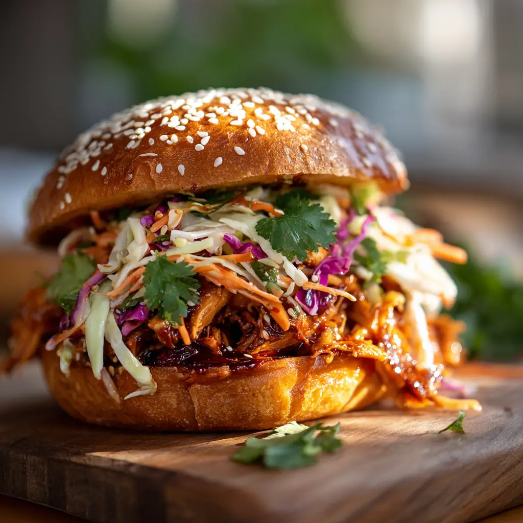 Close-up macro shot emphasizing the hearty textures of the juicy gochujang glazed chicken and the crunchy slaw inside a sesame brioche bun.