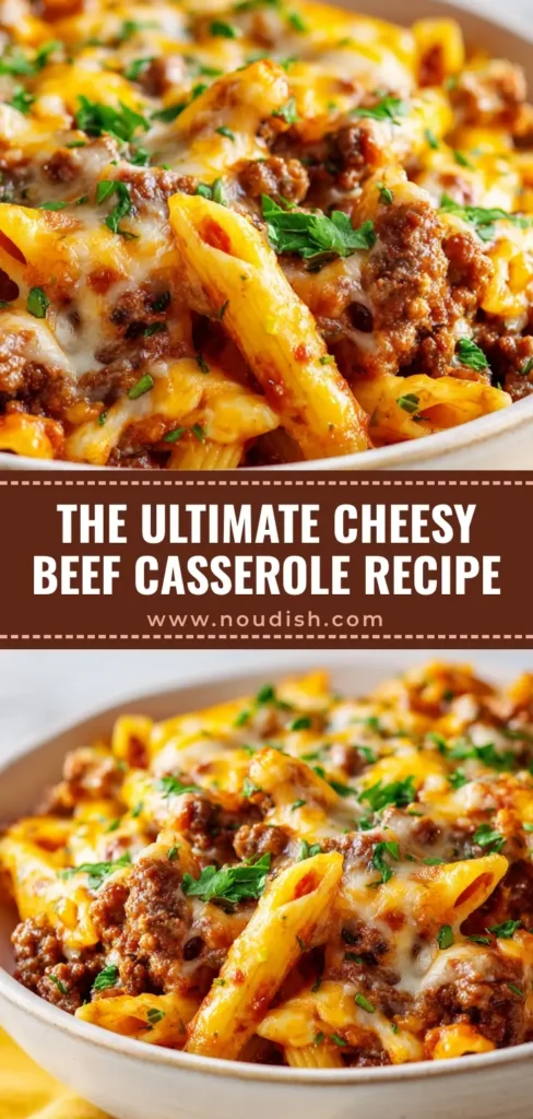 A rustic white ceramic bowl filled with hearty Ground Beef Casserole, featuring penne pasta, rich tomato sauce, and golden-brown cheddar cheese.