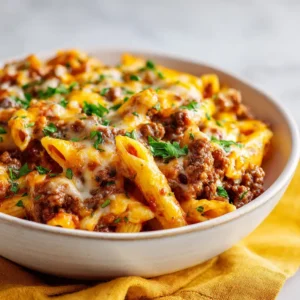 Fresh ingredients for Ground Beef Casserole including penne pasta, raw ground beef, cheddar cheese, and fresh parsley.
