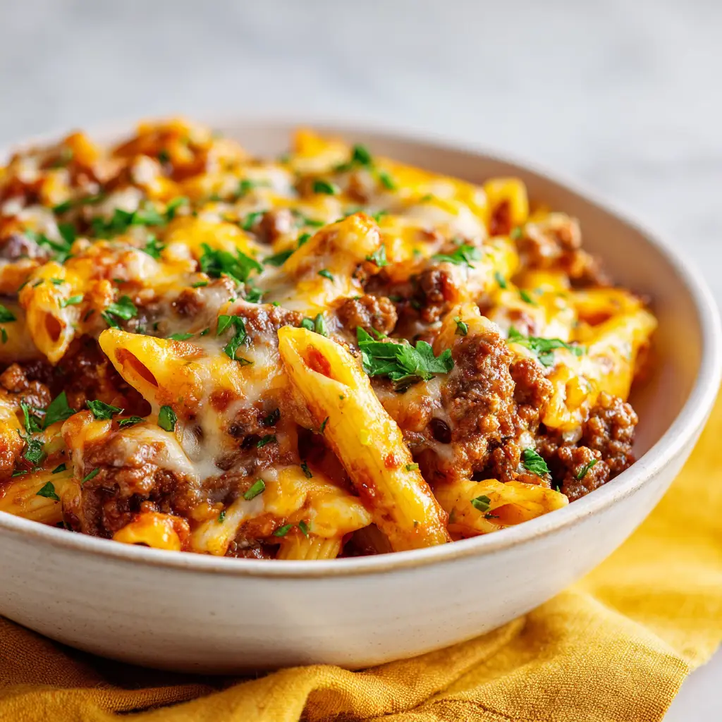 Fresh ingredients for Ground Beef Casserole including penne pasta, raw ground beef, cheddar cheese, and fresh parsley.