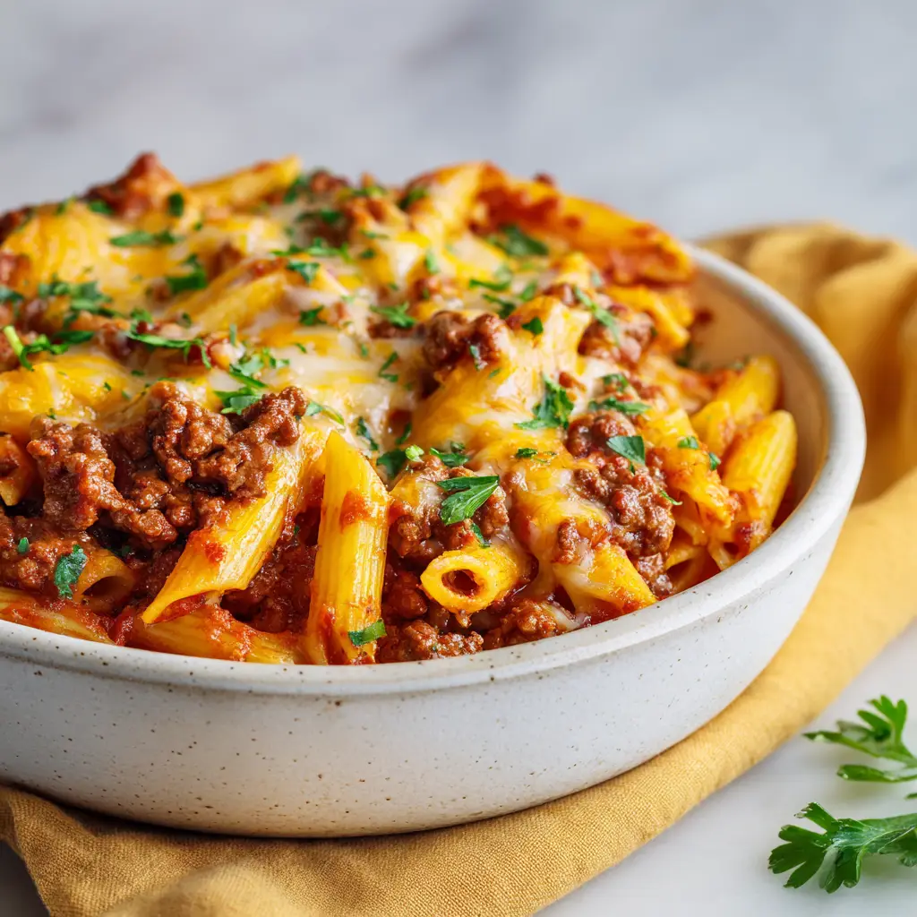Close up macro shot of savory minced beef and penne pasta bubbling in a rich tomato sauce.