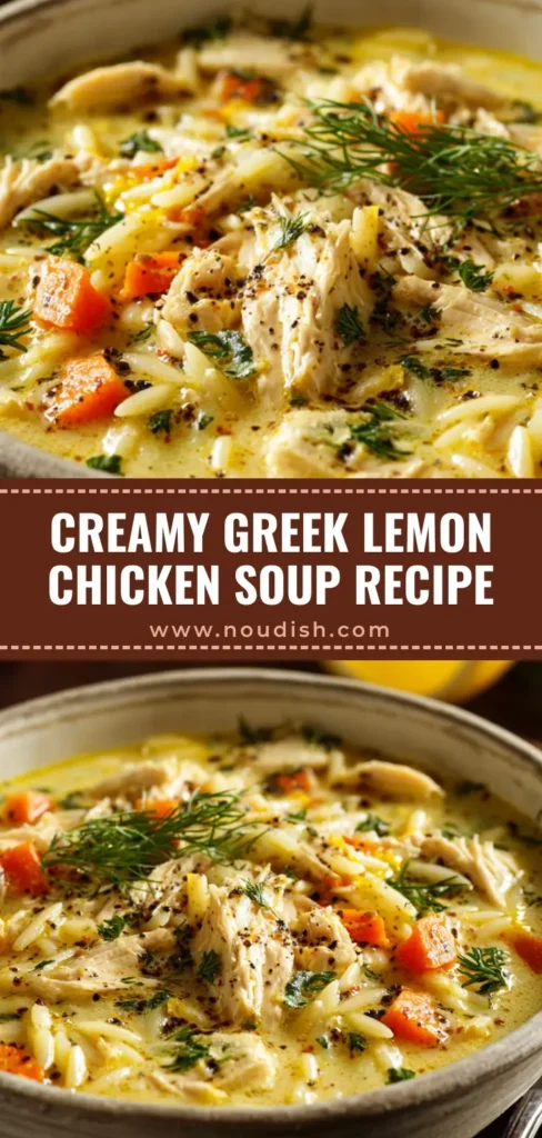 A hearty, rustic off-white ceramic bowl of creamy yellow Greek lemon chicken soup, close-up macro shot emphasizing chunks of chicken, orzo, carrots, and fresh dill.