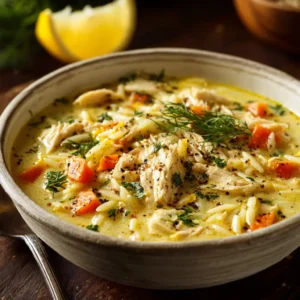 Ingredients for Greek Lemon Chicken Soup including fresh dill, lemons, carrots, and boneless chicken breasts on a dark wood surface.