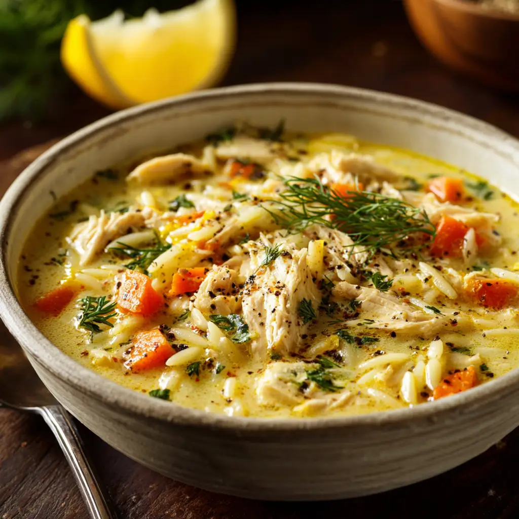Ingredients for Greek Lemon Chicken Soup including fresh dill, lemons, carrots, and boneless chicken breasts on a dark wood surface.