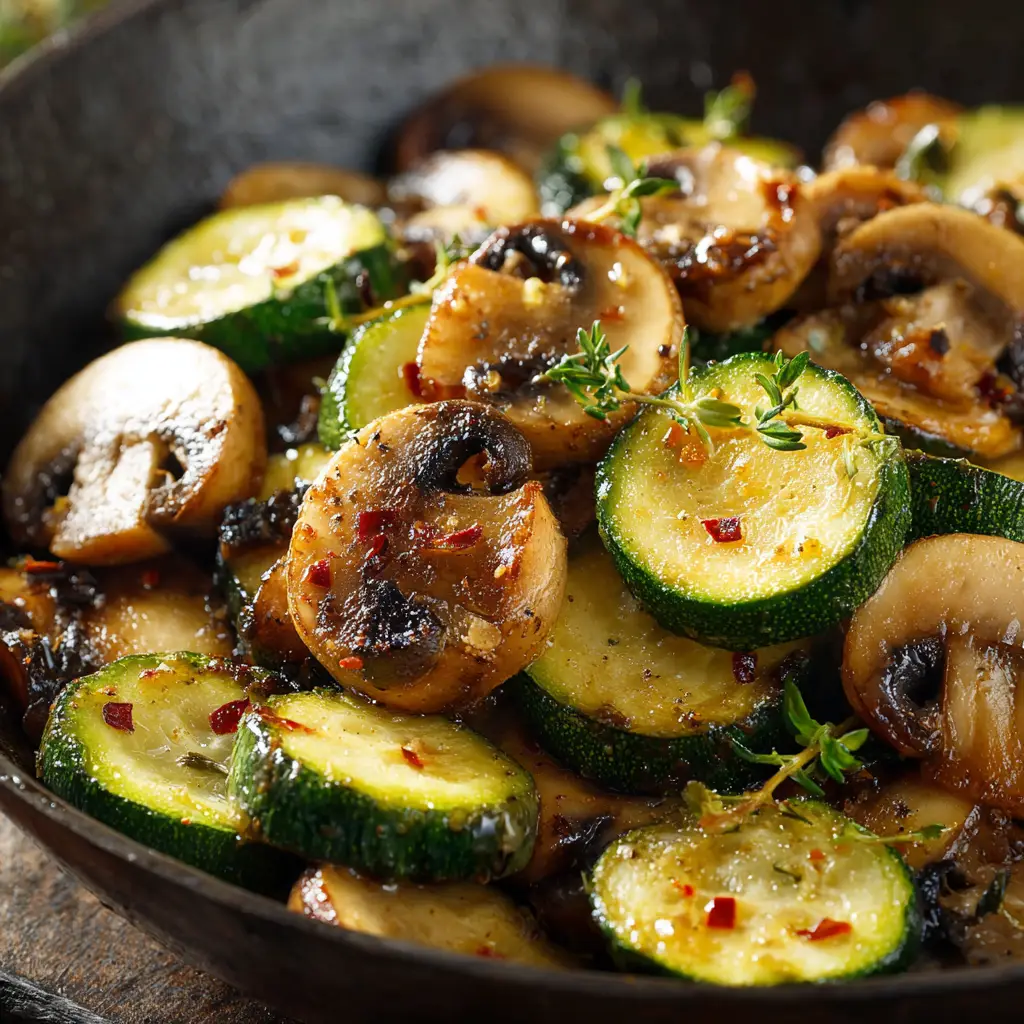 Fresh ingredients for Sautéed Zucchini and Mushrooms including fresh thyme, garlic, and coarse black pepper.