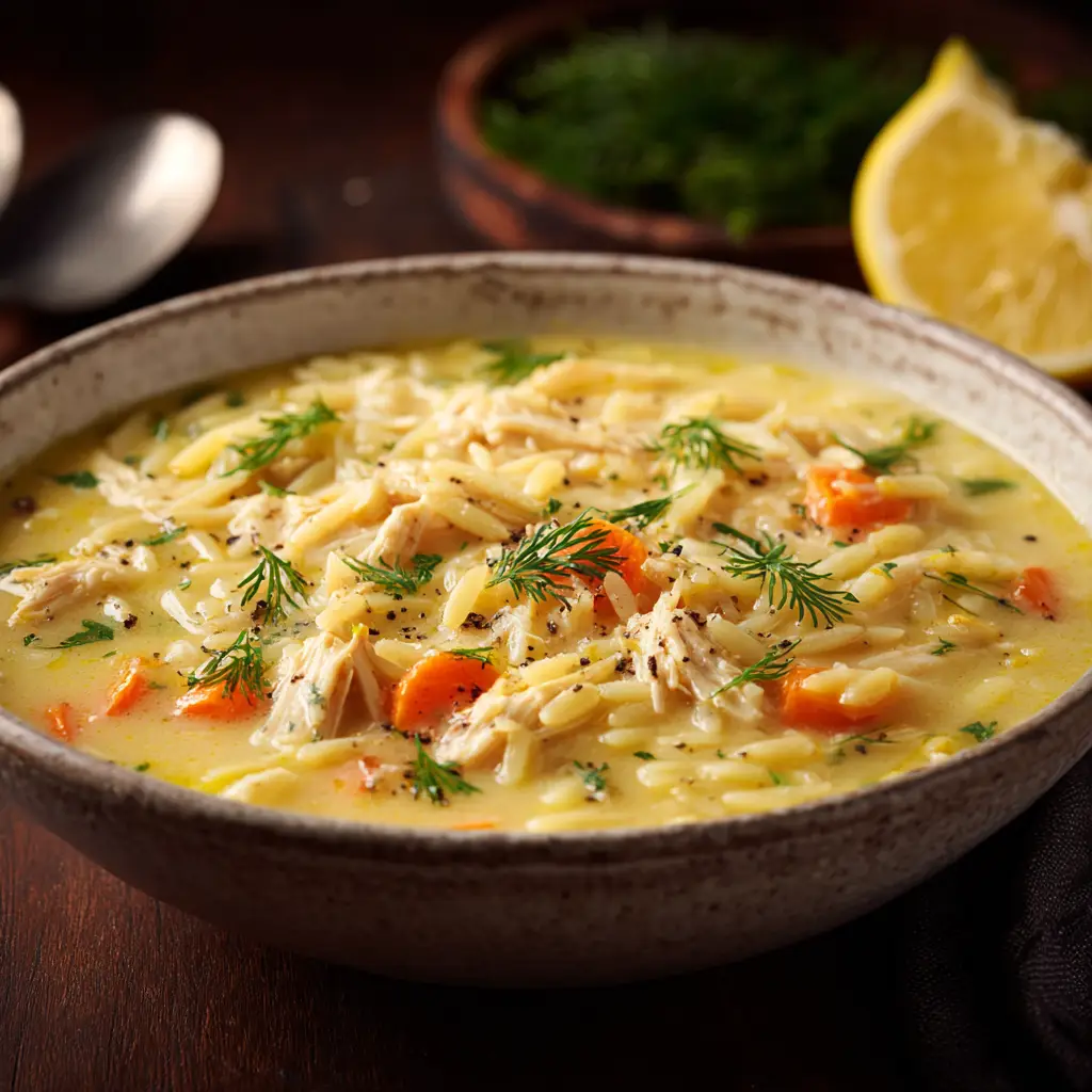 A half-squeezed lemon resting beside a bowl of creamy yellow Greek lemon chicken soup garnished with black pepper.
