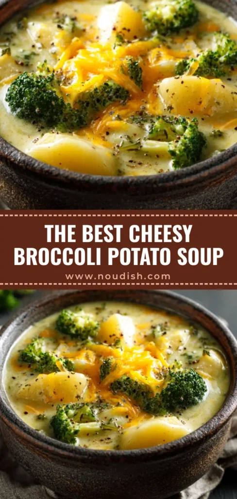 A rustic stoneware bowl filled with thick Cheesy Broccoli Potato Soup, garnished with vibrant green broccoli florets, melted cheddar cheese, and freshly ground black pepper on a dark wood surface.
