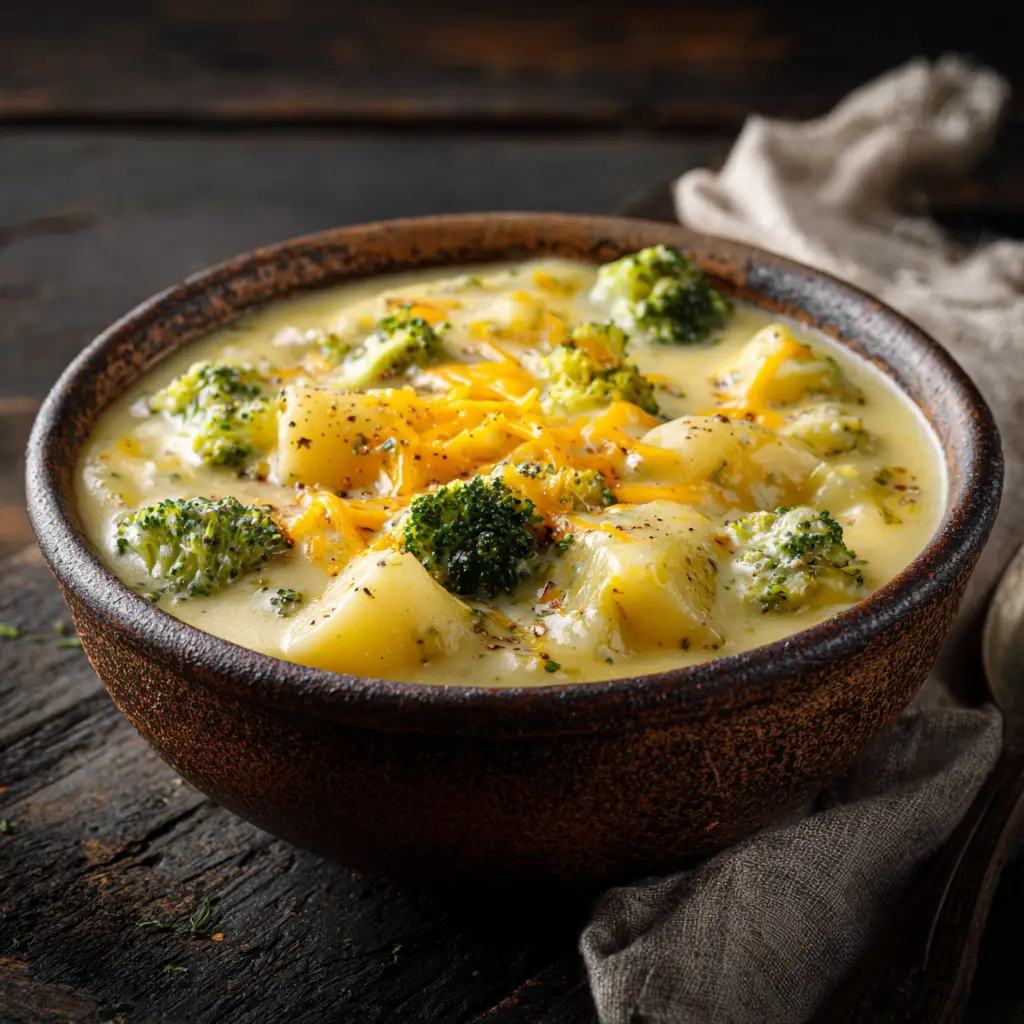 Close-up macro shot of creamy Cheesy Broccoli Potato Soup with tender potato chunks and melted cheese in a cozy kitchen setting.