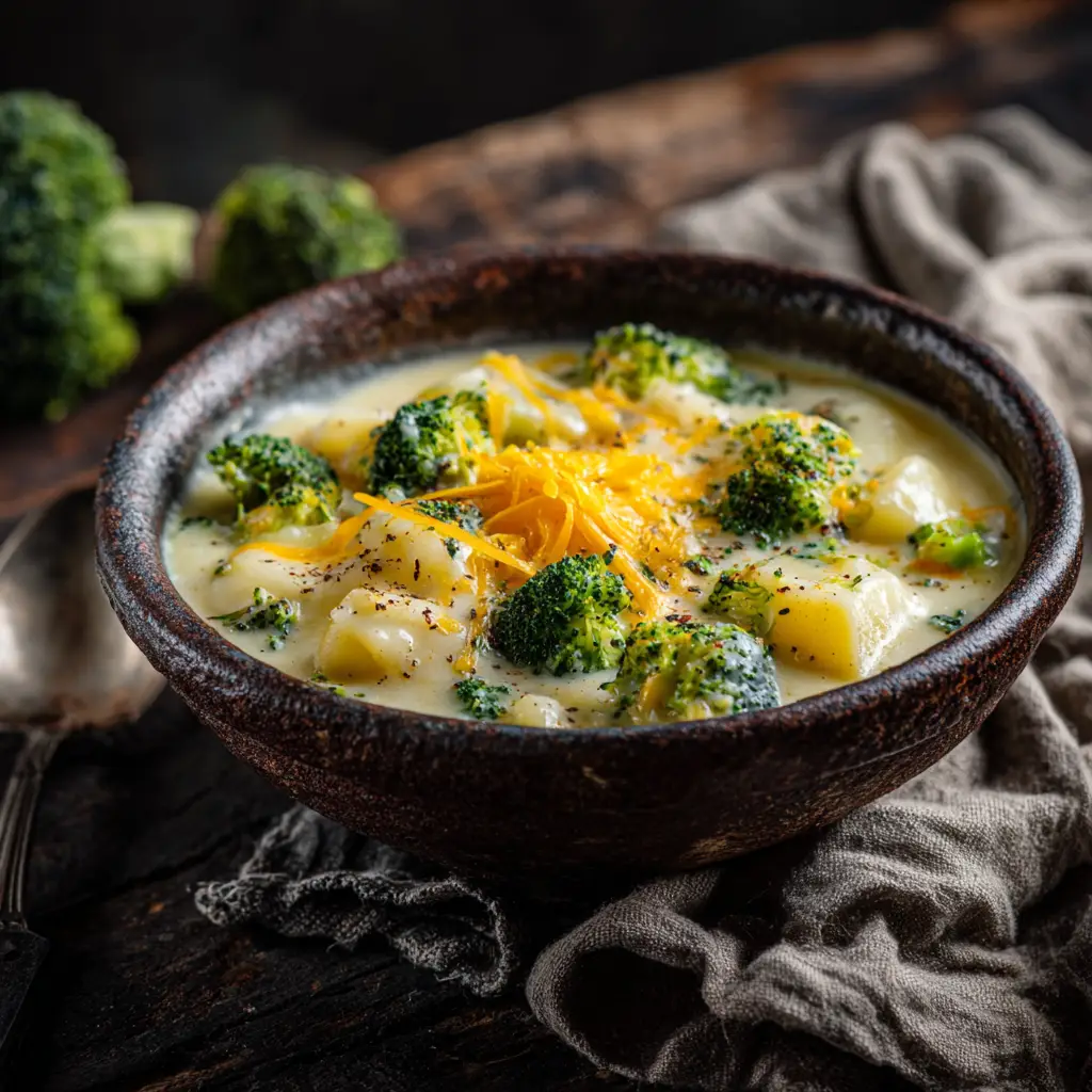 A beautiful spread showing Cheesy Broccoli Potato Soup next to a crumpled linen napkin illuminated by natural bright kitchen lighting.