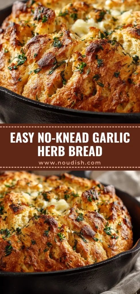 A rustic, crusty loaf of Garlic Herb Dutch Oven Bread, freshly baked and served in a black cast iron pan.