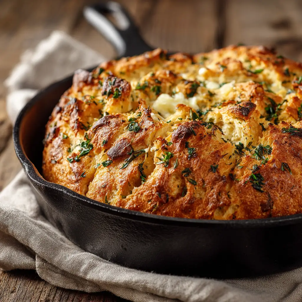 A mouth-watering home-cooked masterpiece of garlic and herb bread on a rustic wooden tabletop next to a linen napkin.