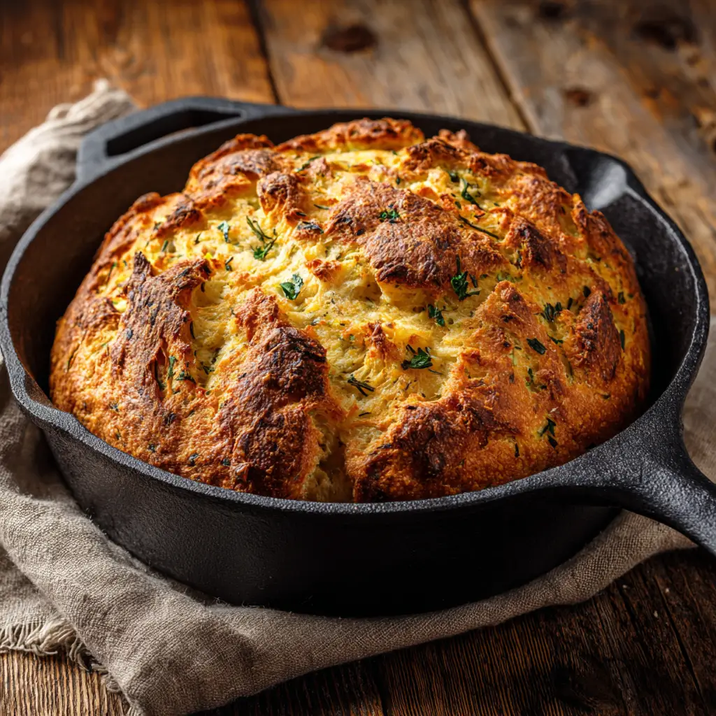Close-up macro shot of golden brown artisan bread showing visible pieces of fresh herbs and garlic.