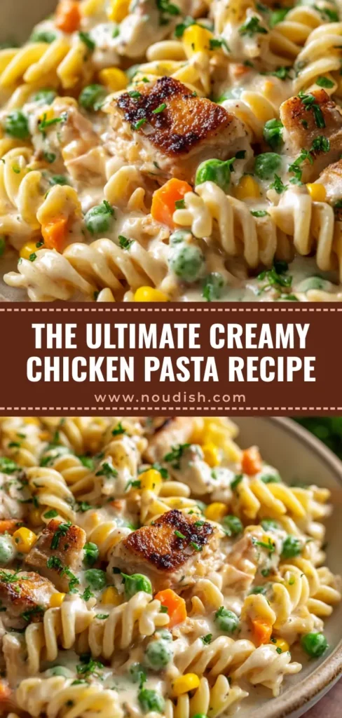 A rustic shallow white bowl filled with creamy chicken pot pie pasta, featuring spiral rotini, golden seared chicken, green peas, and carrots in a thick cream sauce.