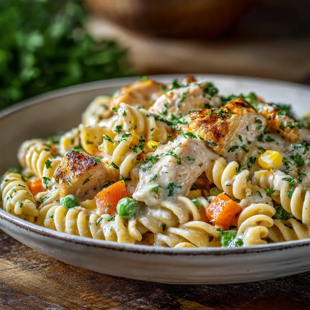 Close-up macro shot revealing the hearty texture of spiral rotini pasta coated in a rich, thick cream sauce with visible chunks of seared chicken.