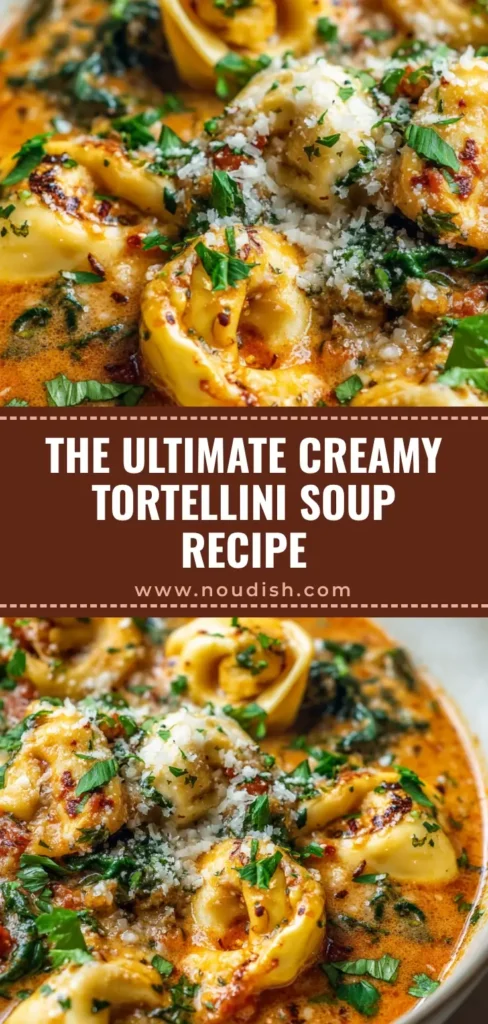 A rustic bowl of thick, creamy tomato tortellini soup topped with fresh parsley and parmesan cheese.