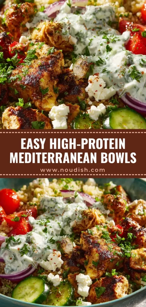 A mouth-watering high protein Mediterranean chicken bowl served in a rustic teal dish with fresh veggies and creamy tzatziki.