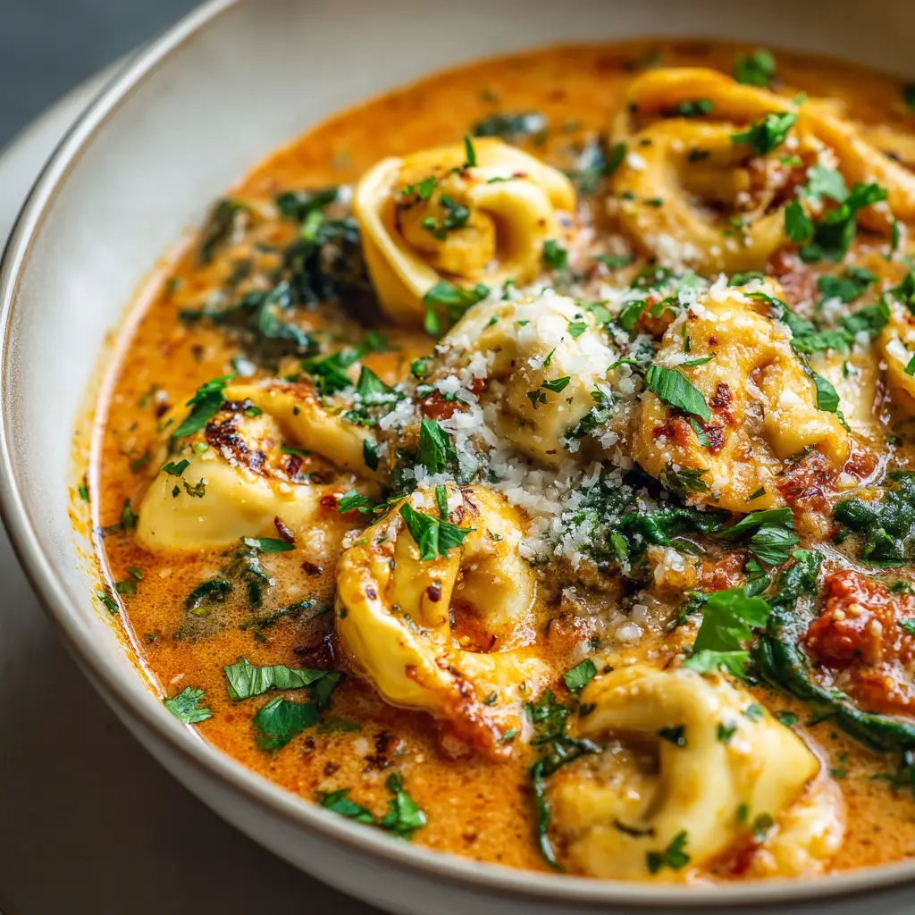 Close-up of a rustic, hearty bowl of creamy tomato tortellini soup garnished with parsley and parmesan under bright kitchen lighting.
