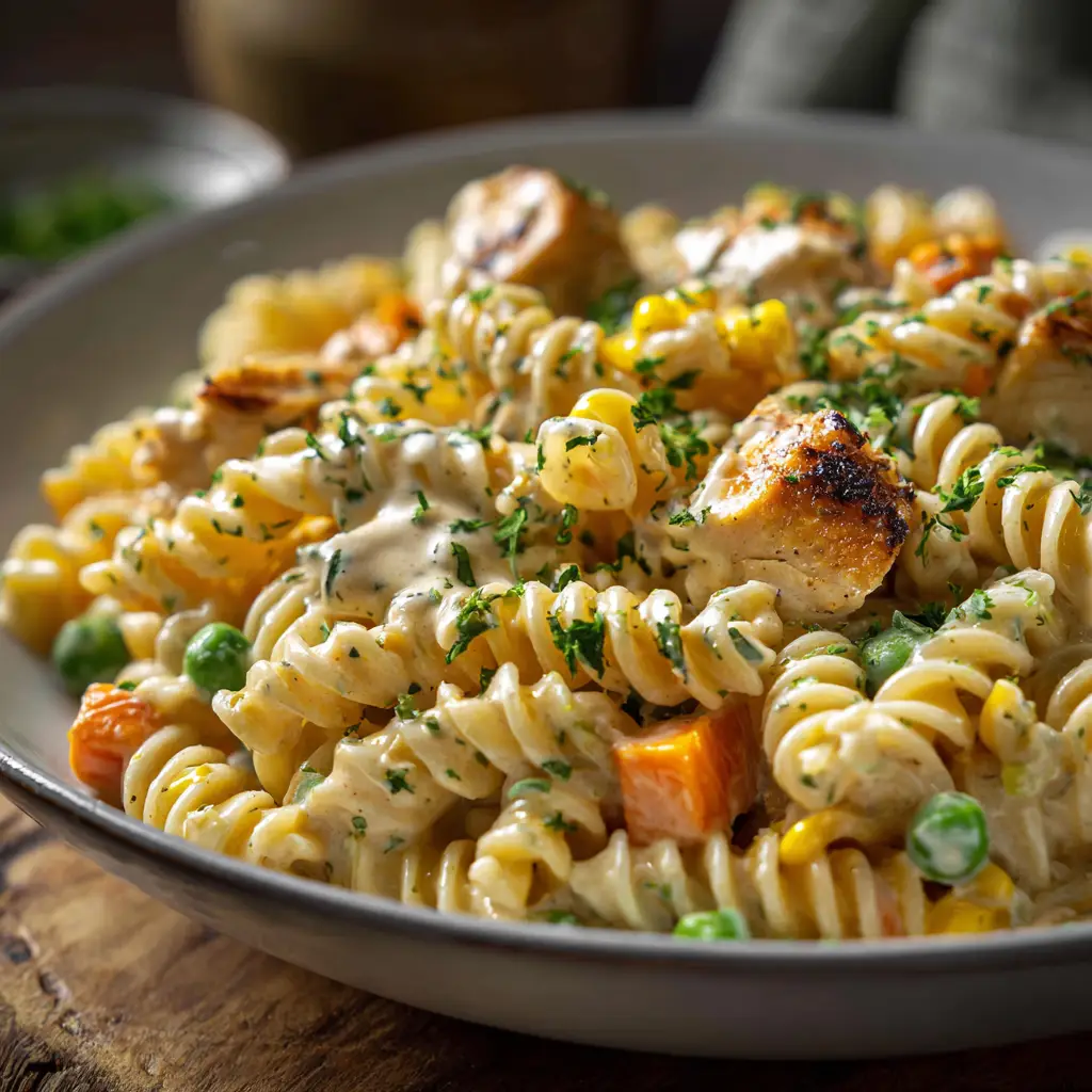 Cozy, natural bright kitchen lighting highlighting the vibrant green peas, sweet corn, and freshly chopped parsley on top of creamy chicken pasta.