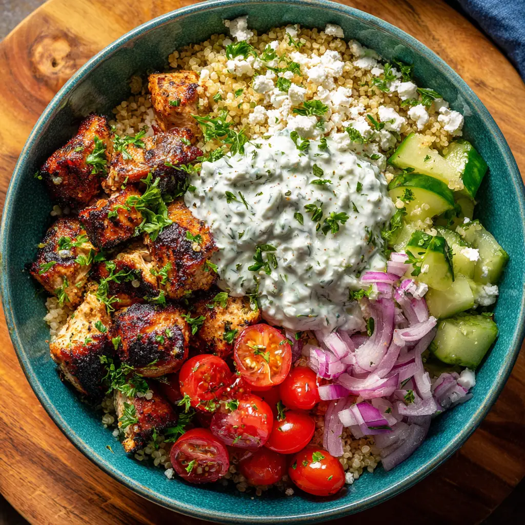 Close-up macro of High Protein Mediterranean Chicken Bowls showcasing charred chicken, fluffy quinoa, cherry tomatoes, and cucumber.