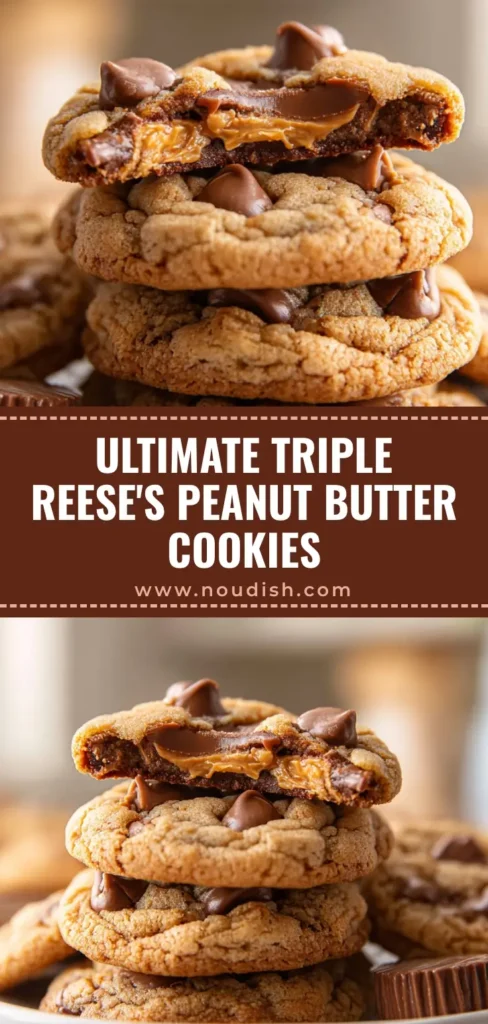 A stack of freshly baked Reese's Peanut Butter Cookies on a white plate, broken open to show a gooey, melted peanut butter cup center.