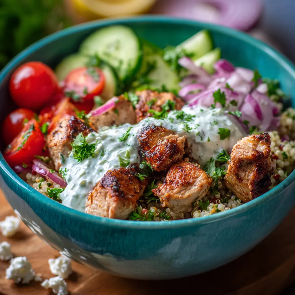 Bright, fresh Mediterranean chicken bowl garnished with crumbled feta cheese and chopped parsley.