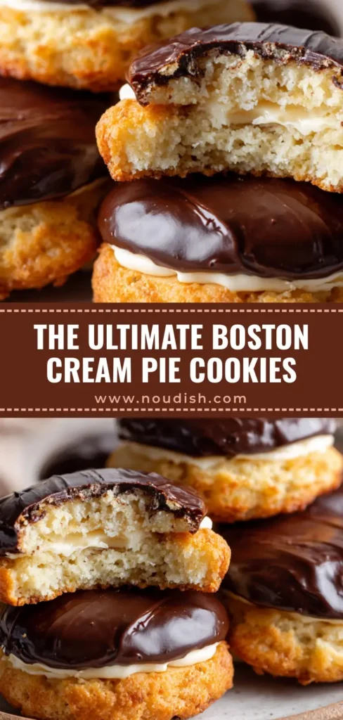A close-up vertical shot of Boston Cream Pie Cookies on a rustic plate, featuring a clean bite taken out to reveal a fluffy vanilla cream center and a thick, glossy dark chocolate topping.